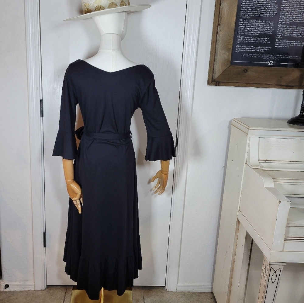 Soft Surroundings Black V-Neck Tie Waist Ruffle Hem Midi Dress XSP - Picture 8 of 11